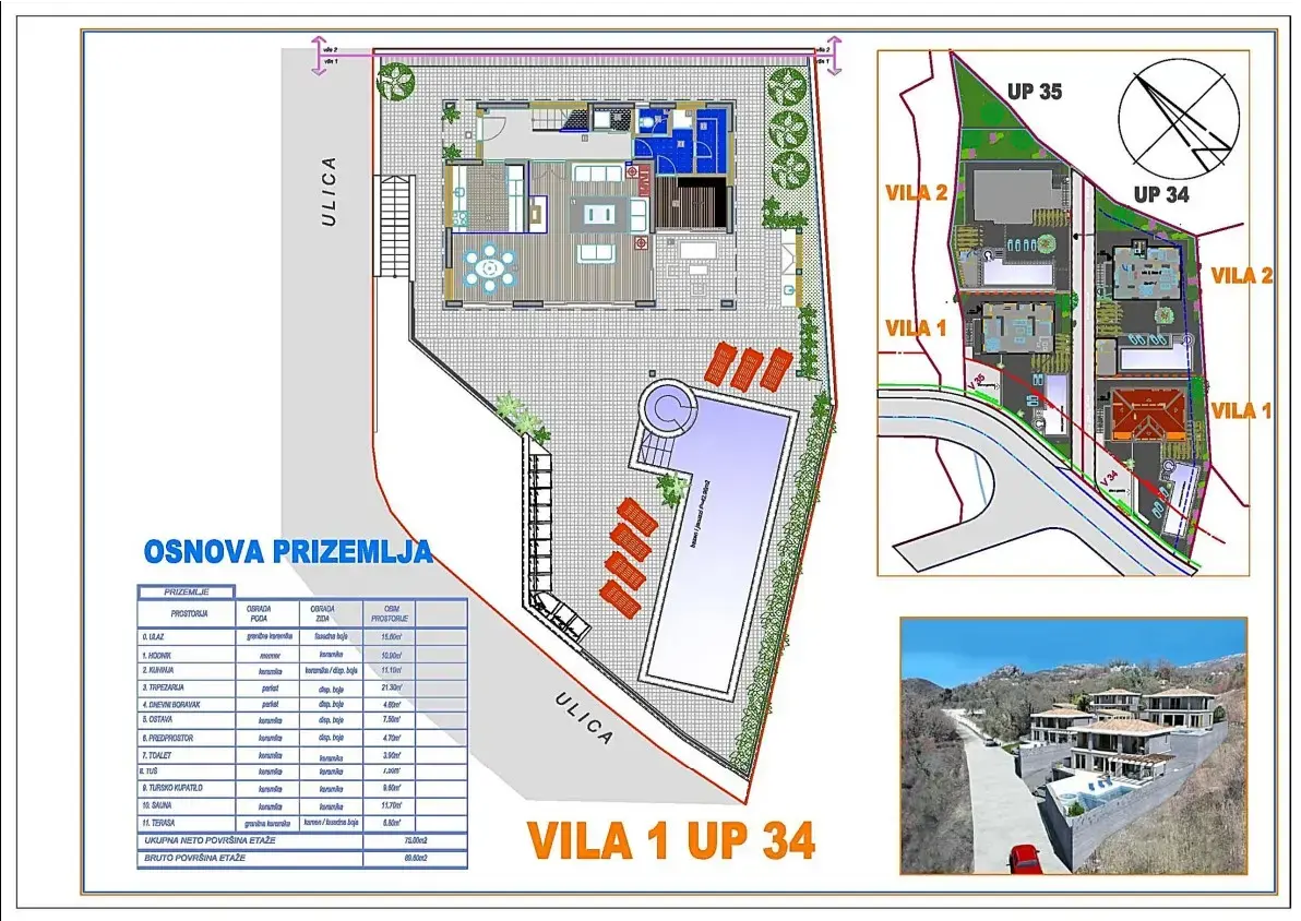 Skica prizemlja i raspored prostorija vile 1 UP 34