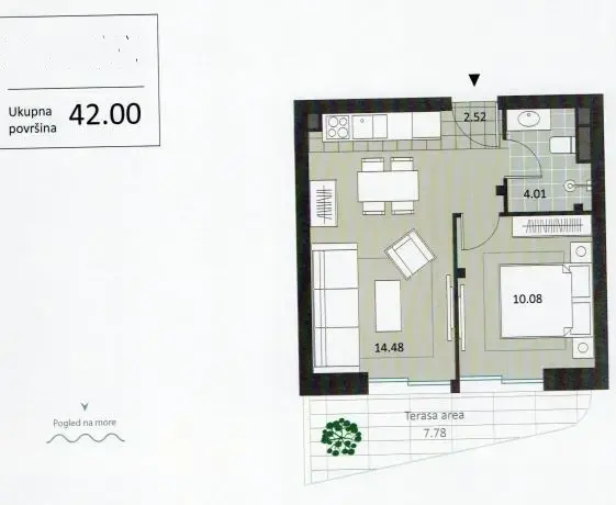 Skica stana od 42m2 sa pogledom na more