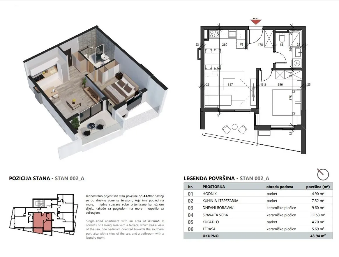 Skica stana povrsine  43,94m2