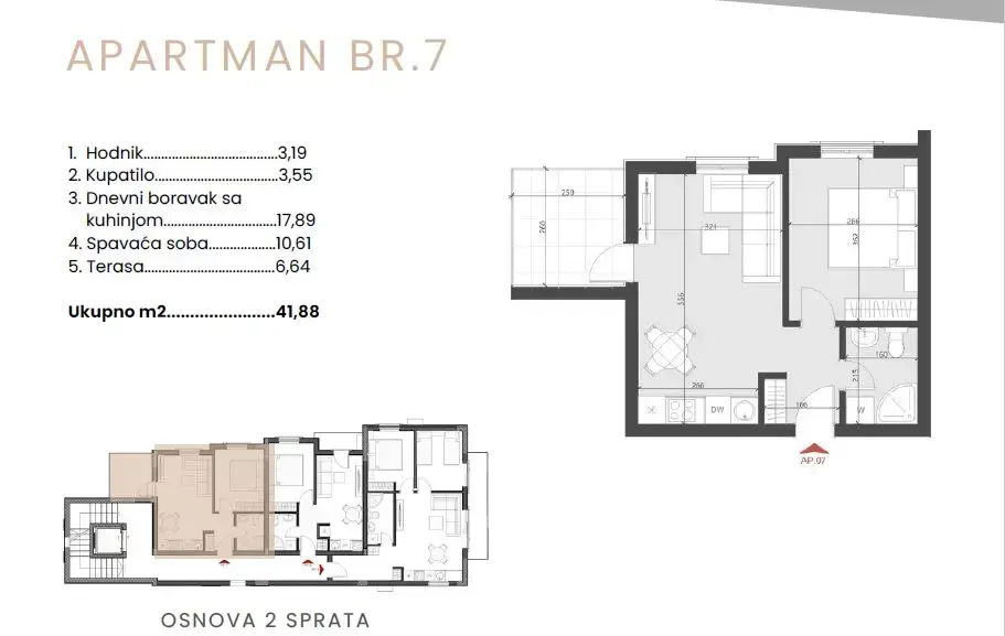 Skica stana od 42m2 i njegova pozicija 