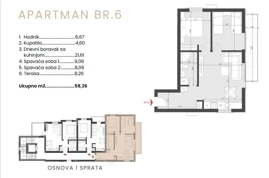 Skica stana od  58m2 i njegova pozicija 