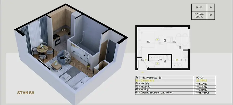Skica garsonjere od  25m2